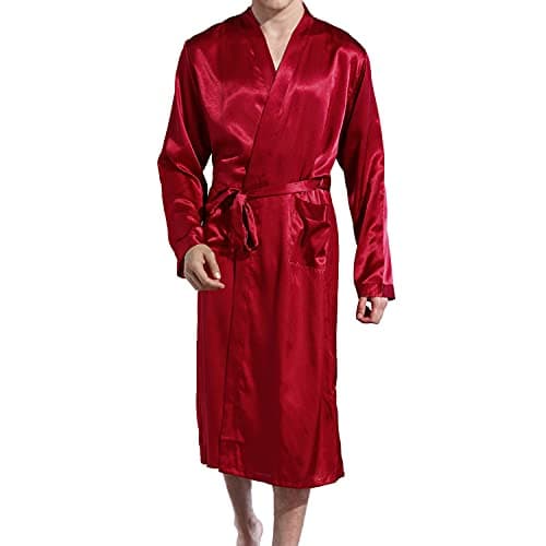 Lu's Chic Men's Silk Robe Lightweight Satin Kimono Summer SPA Lounge Long Sleeve Silky Bath Robe Soft Knee Length Bathrobe with Pocket Red Small