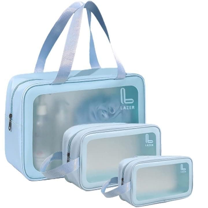 Lazer Makeup Travel Pouch, Cosmetic Bag, Travel kit Pouch for Toiletries, Brushes and Cosmetics - Set of 3 - Washbag Pouch - Blue