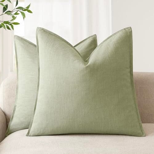 Foindtower Pack of 2 Decorative Linen Solid Throw Pillow Covers Soft Accent Cushion Case Boho Farmhouse Pillowcase for Chair Couch Sofa Bedroom Living Room Home Decor 16 x 16 Inch Light Sage Green