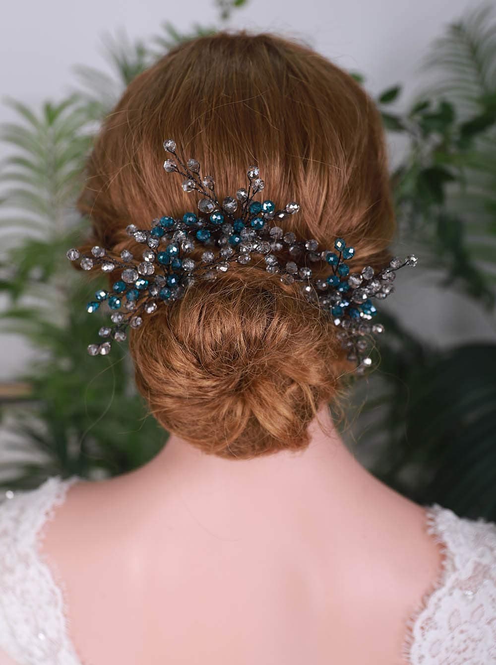 YERTTER Peacock Blue Bridal Hair Pins Set of 3 Crystal Headpiece Hair Clips for Women Brides