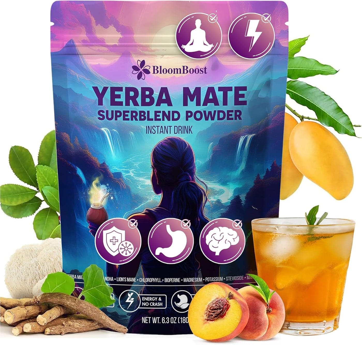 BloomBoost Yerba Mate Instant Tea Powder with Ashwagandha and Lion’s Mane - Peach Mango Flavor - 6.34 oz (18 Servings) - Sugar-Free and Gluten-Free Superfood Blend