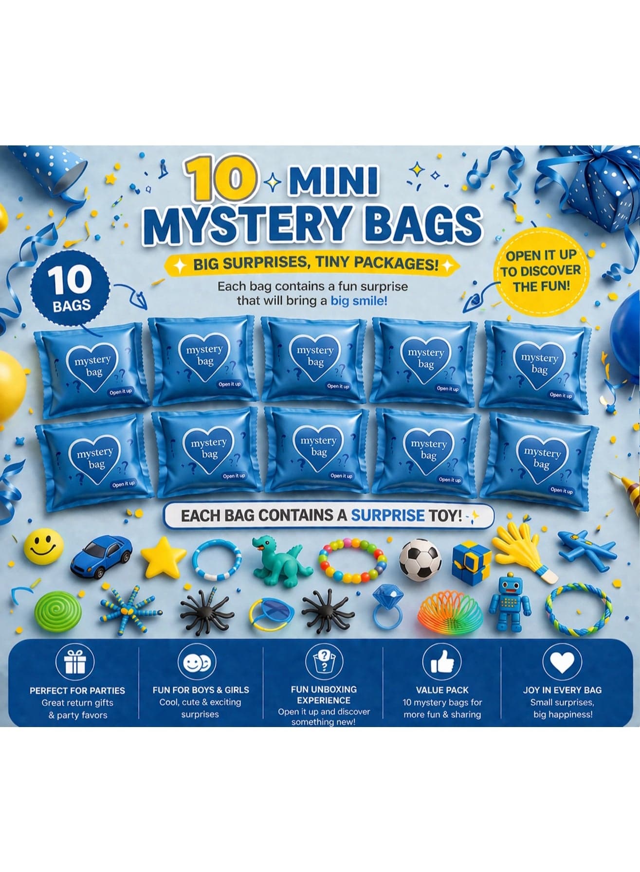 Mini Mystery Bags – Set of 10 | Surprise Toys for Kids (Boys & Girls) | Party Favors, Return Gifts for Birthday & Events