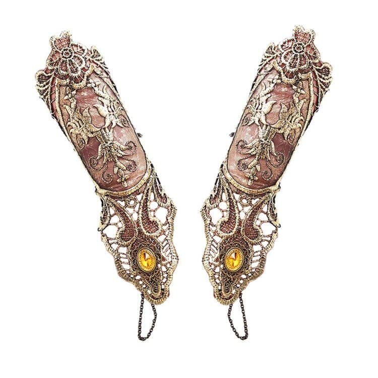Juland Lace Fingerless Gloves Women Gothic Floral Lace Steampunk Wristband Ring Vintage Beaded Handmade Lace Up Gloves Bridal Bracelet Ring Set - 1 Pair –Bronzing S Size