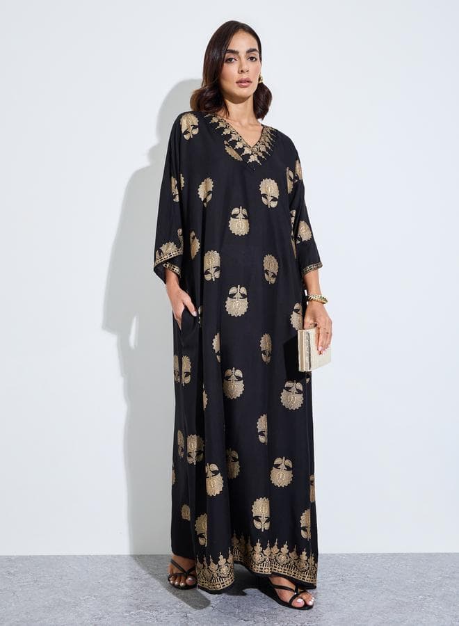 Black Foil Print Kimono Sleeves Jalabiya