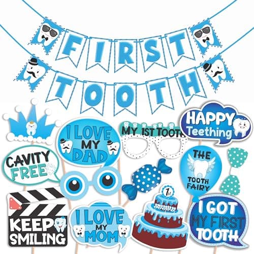 WOBBOX First Tooth Photo Booth Party Props (13 Pcs) with First Tooth Bunting Banner, Blue Colour Stylish Font, First Tooth Decoration, First Tooth Decoration Items for Baby, Design 2, Baby Boy - Blue