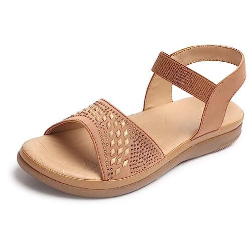 XE Looks Women's Beige Flat Sandals | Embellished Perforated Upper with Elastic Backstrap | Lightweight and Comfortable | Graceful & Modern Siroski Sandals For Girls & Women