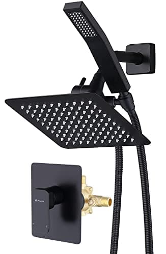 All Metal Shower Faucet Set, Dual Square Shower Head System with Handheld Wand, Diverter, Hose Complete Combo, Pressure Balance Rough-in Valve Included (Matte Black)