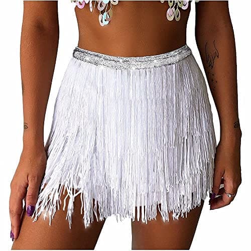 Fairycece Rave Clothes Outfits Women White Fringe Skirt Tassel Space Cowgirl Costume Cowboy Outfit