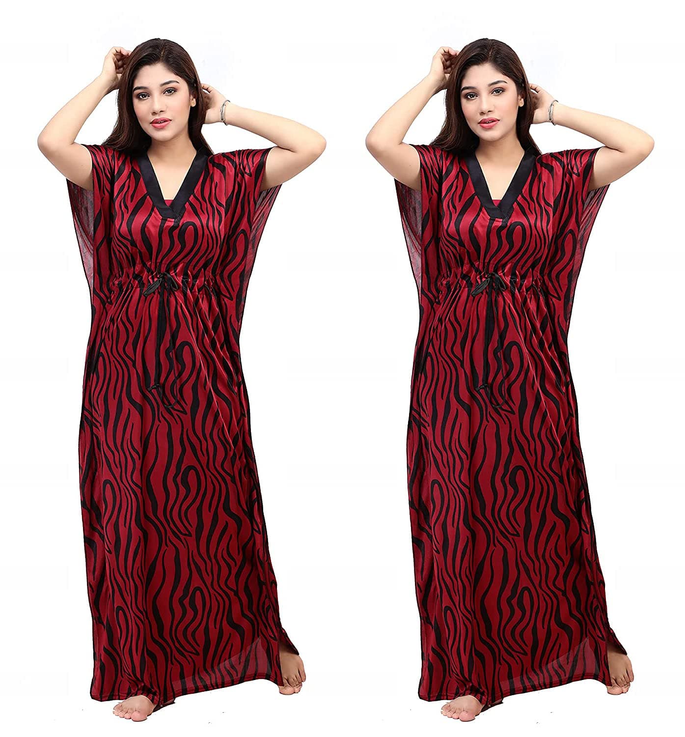 G4Girl Women's Silk Geometric Print Maxi Length Nighty (night gown_Maroon_Free Size)