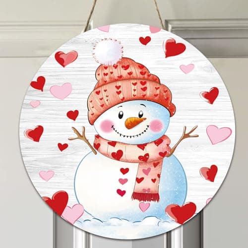 Valentines Day Wreath for Front Door, Valentine Snowman Door Decorations, Valentine's Day Door Hanger Wooden Sign 12 Inch, February Wall Porch Decor