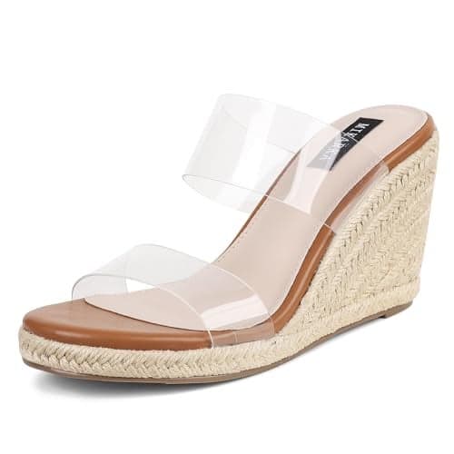 mikarka Slip On Wedge Sandals for Women Open Toe Espadrilles Platform Slides Dressy High Heel Beach Summer Sandal Comfortable Wedges Shoe Mules Clear US Size 7