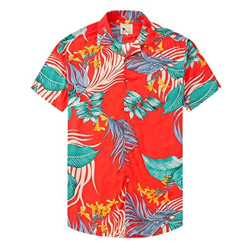 Damipow Hawaiian Shirts for Men Short Sleeve Aloha Beach Shirt Floral Summer Casual Button Down Shirts,Orange49690,4,XL