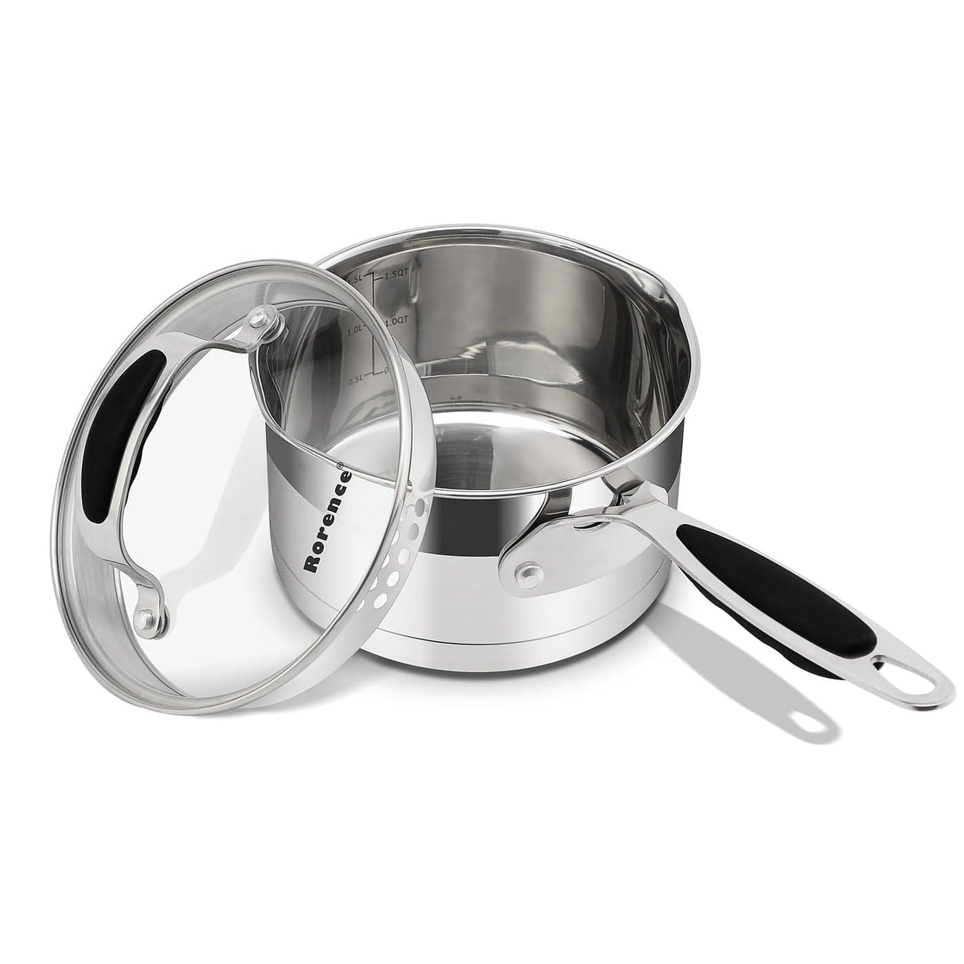 Rorence 15 QT Stainless Steel Saucepan Sauce Pan with Silicone Coated Handles and Pout Spouts Induction Small Cooking Pot with Clear Transparent Tempered Glass Lid for All Stoves Dishwasher Safe