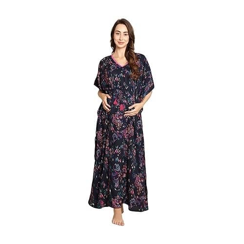 Secret Wish Women Rayon Floral Navy Blue Maxi Maternity Kaftan