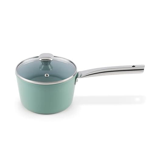 SALFORD Ceramic Sauce Pan 16cm 1.75 Litre | Sauce Pan with Glass Lid & Tubular SS Handle | Forged Non-Stick Saucepan Induction Base |ISI Certified 2 Year Warranty- Green