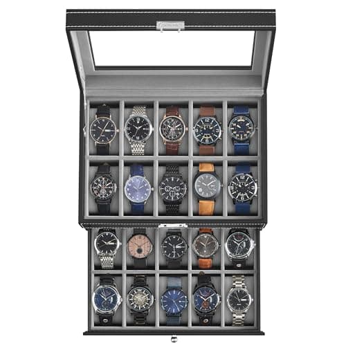 SONGMICS 20Slot Watch Box Watch Case with Glass Lid 2 Layers Lockable Watch Display Case Black Synthetic Leather Gift for Father Gray Lining UJWB006