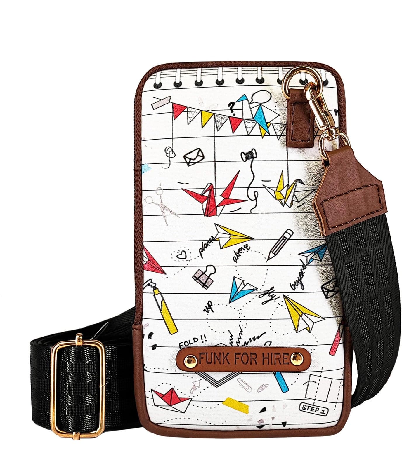 Funk For Hire Womens Leatherette Origami Printed Mobile Holder Sling Bag - White And Brown