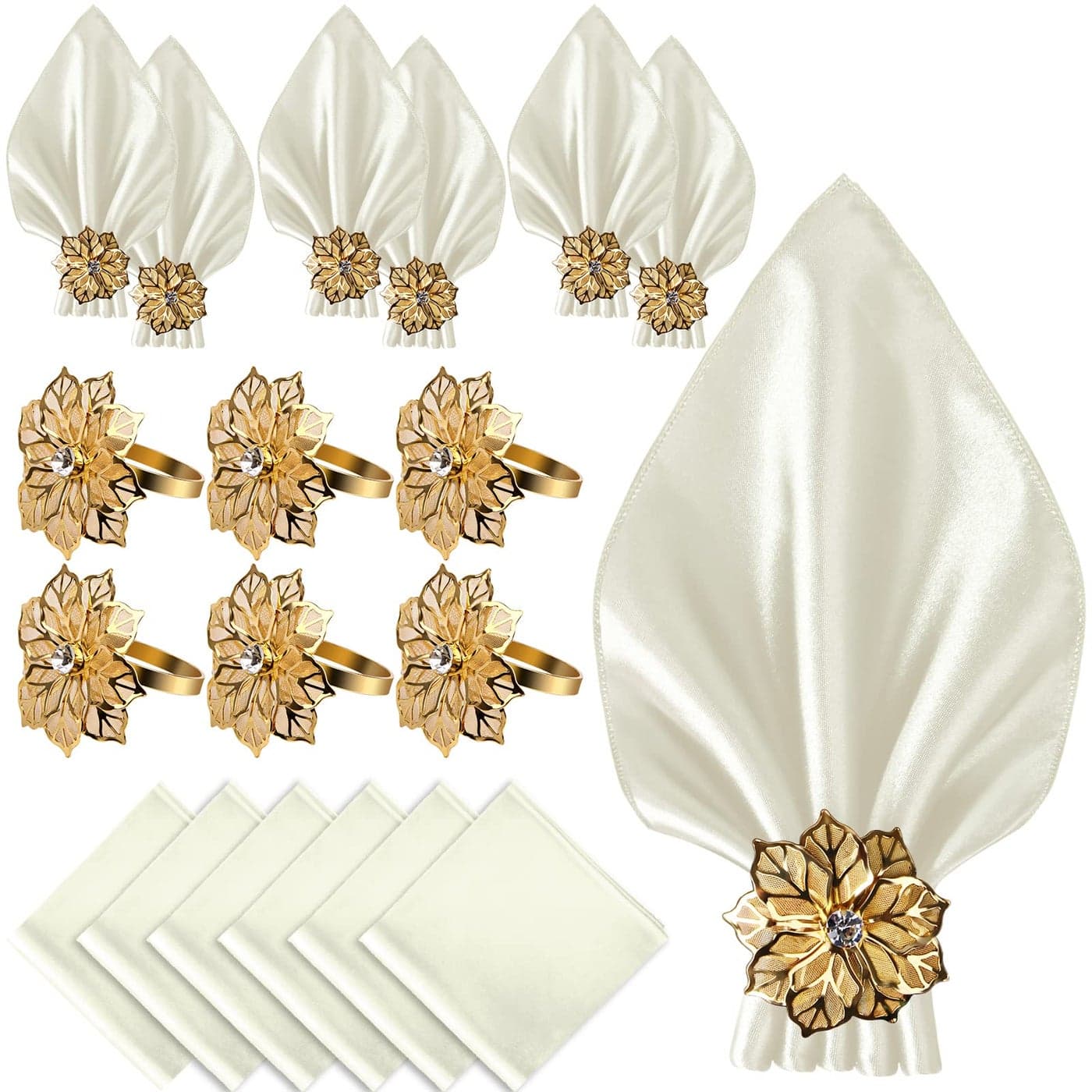 CROWN GUIDE 12 Pack Gold Napkin Rings and Cloth Napkins Set of 6 17x17 Satin Cocktail Napkins Bulk Table Napkins Holder for Wedding Reception Personalized Napkins Bridal Shower for Party Decorative