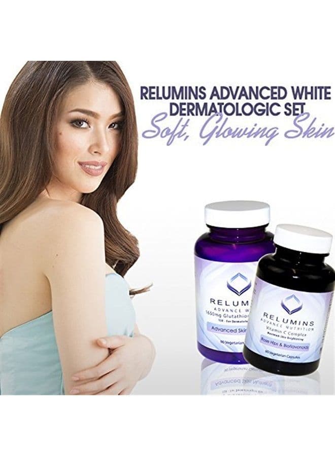 Advanced White Set - 1650mg Glutathione Complex and Advanced Vitamin C with Rose Hips and Bioflavanoids (2 Bottles Total)