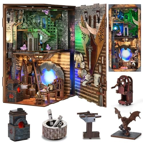 CCCDF DIY Book Nook Kit DIY Miniature Dollhouse Booknook Kit 3D Wooden Puzzle Bookend Bookshelf Insert Decor with LED Light for Teens and Adults Blade and Magic