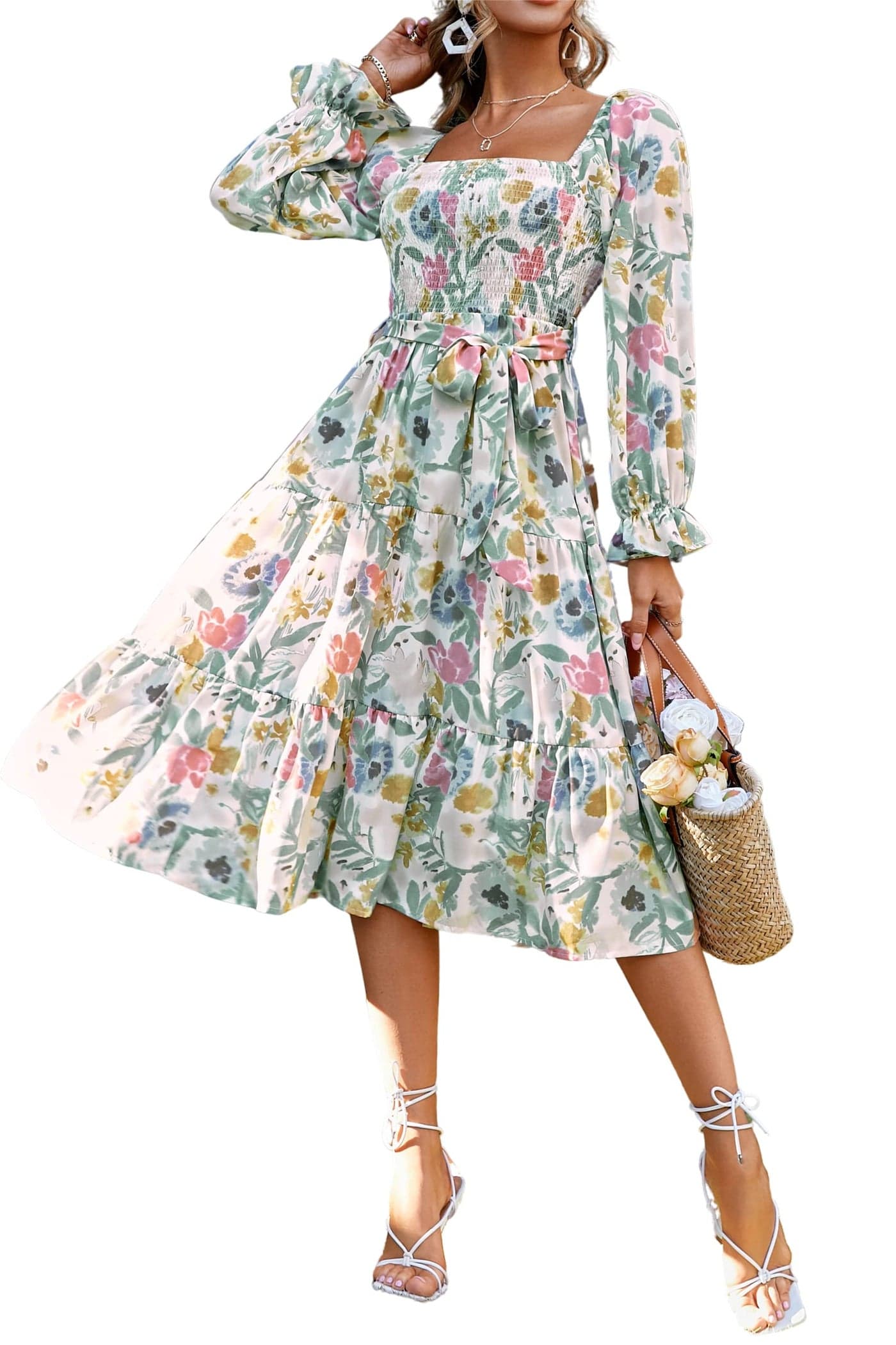 Glamaker Women's Boho Flowy Long Sleeve Floral Ruffle Smocked Maternity Tiered Flowy Midi Dress Multicoloured