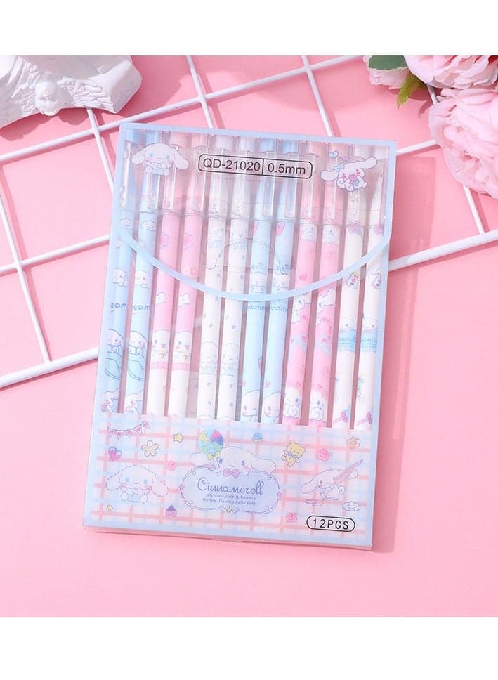 12 Pieces Of Cute Family Erasable Straight Neutral Pen Ins Girl Feng Shui Pen High Value Gift Pen Stationery (Blue Puppy-0.5mm Black Refill)