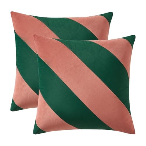 MONDAY MOOSE Decorative Throw Pillow Covers Cushion Cases, Set of 2 Soft Velvet Diagonal Striped Designs, Pillow Inserts Not Included (18x18 inch, Pink/Green)