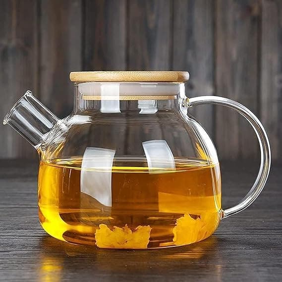 KRUPAVI Glass Teapot Glass Borosilicate Teapot with Strainer Glass Kettle with Removable Bamboo LidInfuser Stovetop Microwave Safe Loose Leaf Tea Maker Tea Brewer for Camping 1L Clear