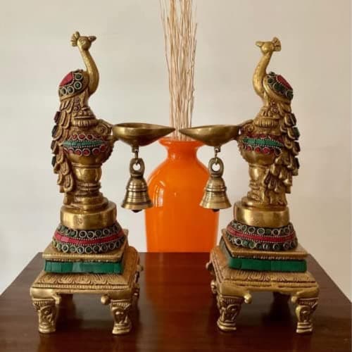 Peacock Diya Stand with Bells Showpiece | Home & Office Decor | Traditional Antique Bell with Peacock Design Diya | Showpiece for Gifting, Housewarming etc | Weight: 4.3 Kg, Colour: Multi, H: 10 inch