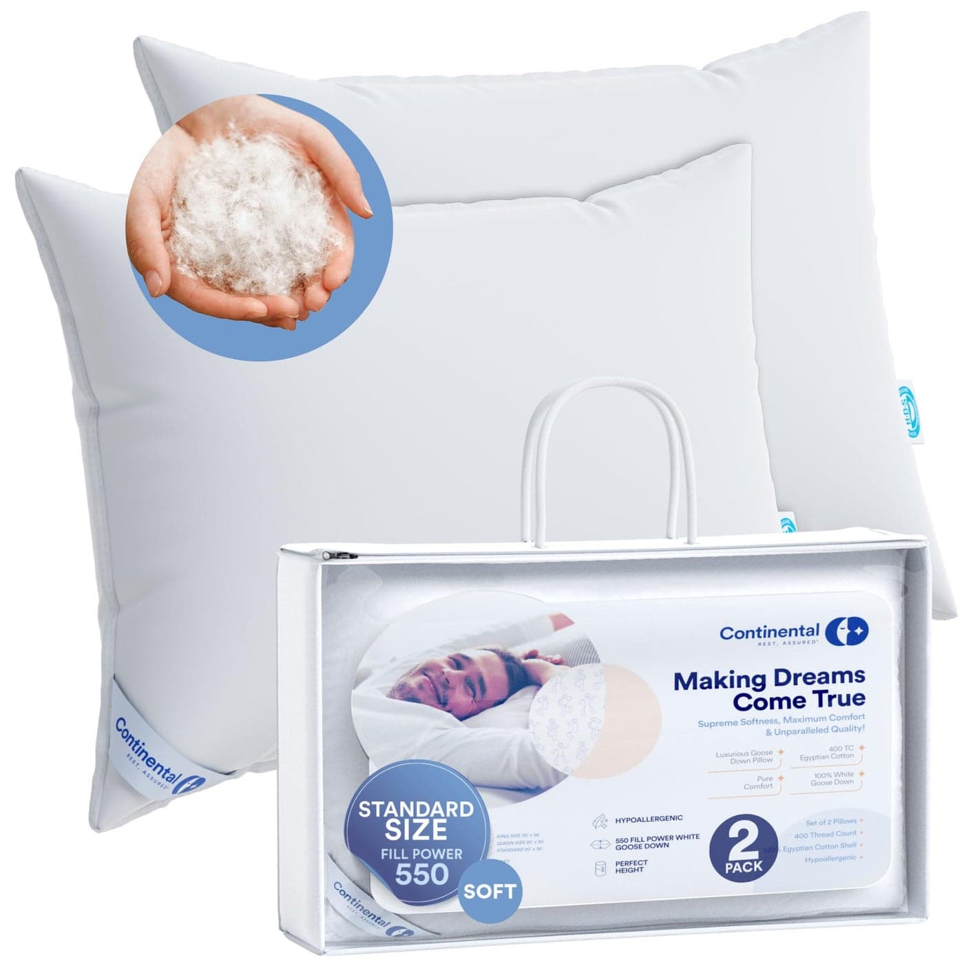 Continental Bedding Harmony White Down Pillow 550 Fill Power 400 Thread Count Cotton Cover Made in USA Soft Standard Pack of 2 2