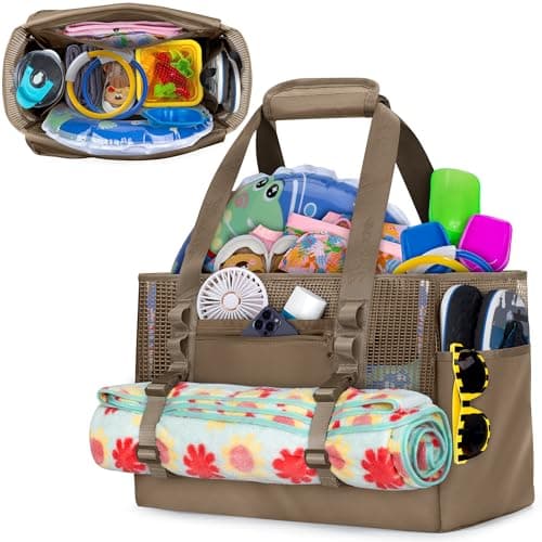Yarwo Large Beach Tote Bag for Family 356L Collapsible Mesh Beach Bag with Wet Dry Pockets and WaterResistant Bottom for Family Summer Vacation Swimming Pools Cruise Essentials Brown