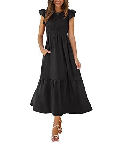 OFEEFAN Maxi Dress Summer Dress Casual Dress Short Sleeve Graduation Dress Sun Dress Black L