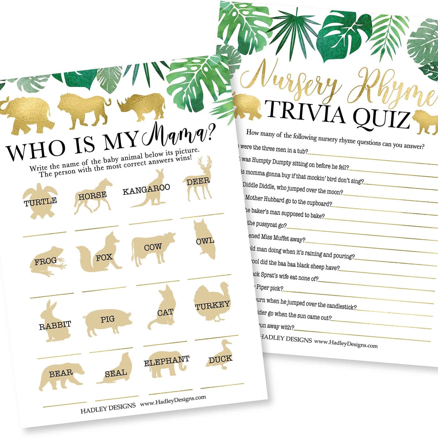 Hadley Designs Hilarious Baby Shower Games Set 25 DoubleSided Cards for 25 Guests 2 Games Baby Animal Matching Nursery Rhyme Gender Neutral and Fun for Boys Girls Safari
