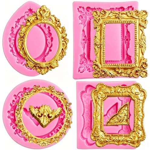Silicone Frame Mold, 4 Pcs Frame Chocolate Fondant Molds Vintage Baroque Photo Frame Molds for Chocolate Cake Decorating Cupcake Topper Candy Polymer Clay
