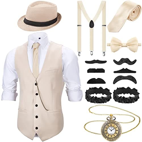 SATINIOR 1920s Mens Costume Roaring Outfit with Gangster Vest Hat Pocket Watch Suspenders for Halloween 2025(Large,Beige)