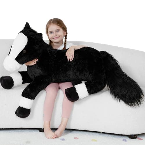 Tezituor 47inches Giant Black Horse Stuffed Animal 4ft Realistic Large Stuffed Horse for Boys Girls Soft Pony Plush Body Pillow Christmas Birthday Gift for Kids Adult