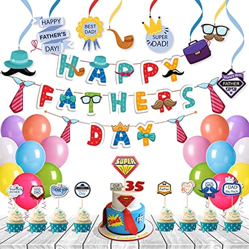 Festiko® Father's Day/Super Dad Theme Happy Birthday Party Decoration Combo,Super Dads Party Favors for Men Birthday Decoration(Banner/Bunting,Swirls,Balloons,Cake Toppers,Cup Cake Topper,Ribbons)