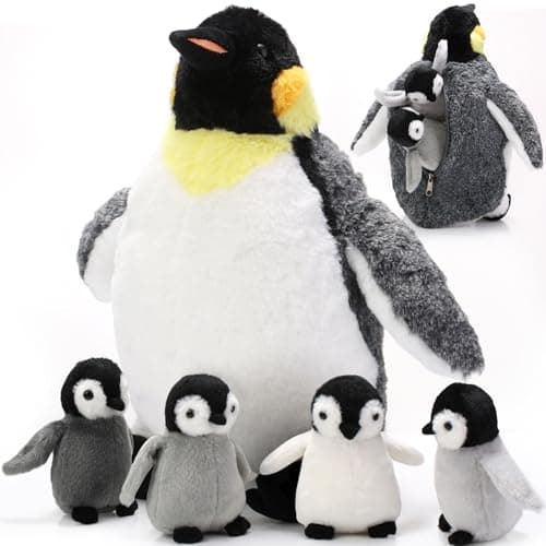 Harrycle 5 Pcs Penguin Plush Toy Set 14 Inch Mommy Penguin Stuffed Animal with 4 Cute Babies in Zippered Belly Soft Cuddly Plushie for Kids Birthday Gifts Party Favors(Simple Style)