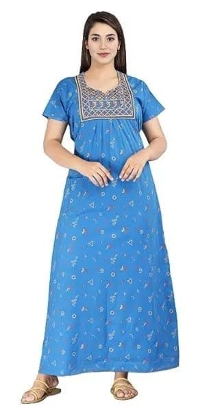 OFEEFAN Women's Cotton Nighty – Jaipuri Rajasthani Printed Maxi Nightdress with Embroidery & Pockets (SkyBlue, Free Size)