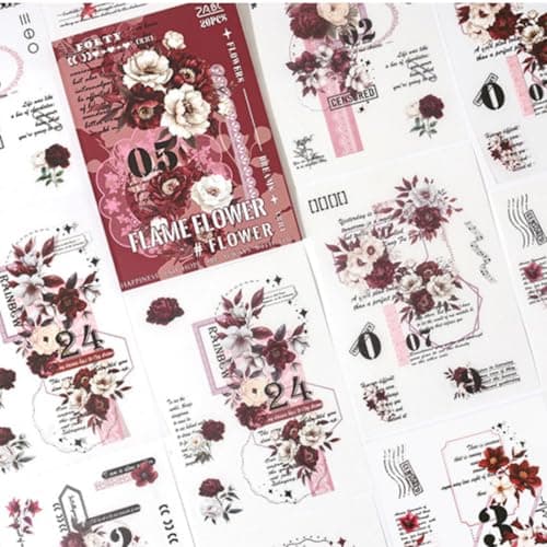 R H LIFESTYLE Self Adhesive 20 Sheets Vintage Retro Decorative Nature Stickers Japanese Style Journaling Supplies Cute Stickers Set for Scrap Book (Design 4, Flame Flower)