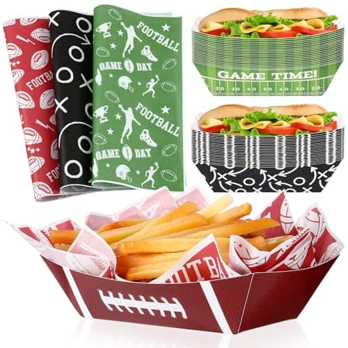 Yinkin 200 Pcs Football Paper Food Trays Set: 2 lb 100 Football Food Boats Serving Plates for Party Decorations and 100 Grease Liner Papers for Sport Party Supplies Birthday Theme Events Snack Favors