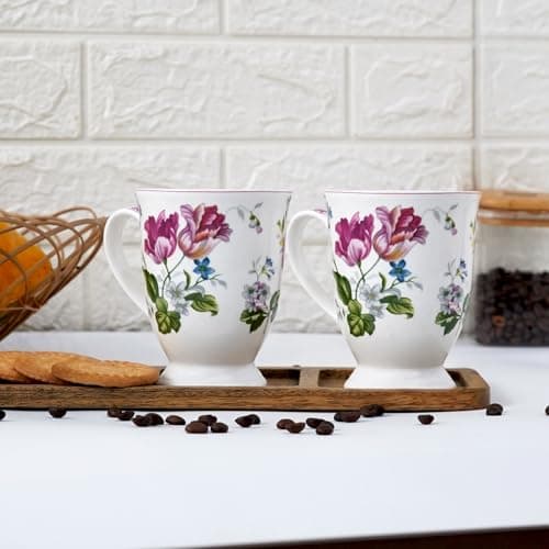 Femora Elegant Footed Floral Ceramic Coffee Mug | Vintage-Style Tea Cup with Pink and Blue Flower Pattern on a Stem | Set of 2 | 300 ML