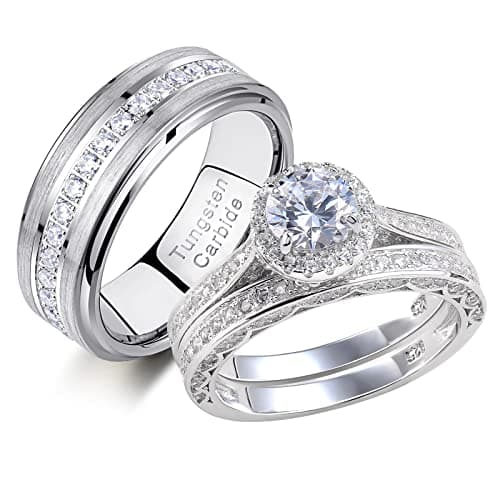 Newshe Jewellery Wedding Rings Set for Him and Her Women Mens Tungsten Bands Cubic Zirconia Round 925 Sterling Silver Engagement Bridal Promise Size 10&7