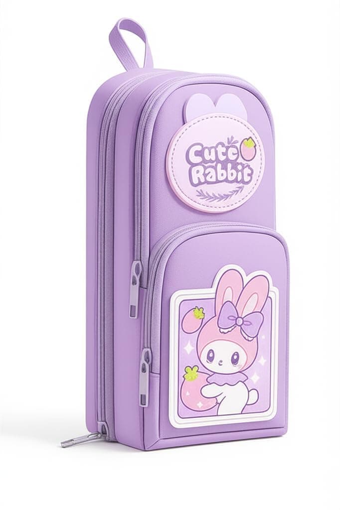 Kiddie Galaxia Cute Rabbit Canvas Premium Pencil Case 6 Layer with 3 Compartment Cute Aesthetic Pencil Case for Girls Large Capacity Pencil Pouch for School Kids Cute Stationary Gift, Multicolour