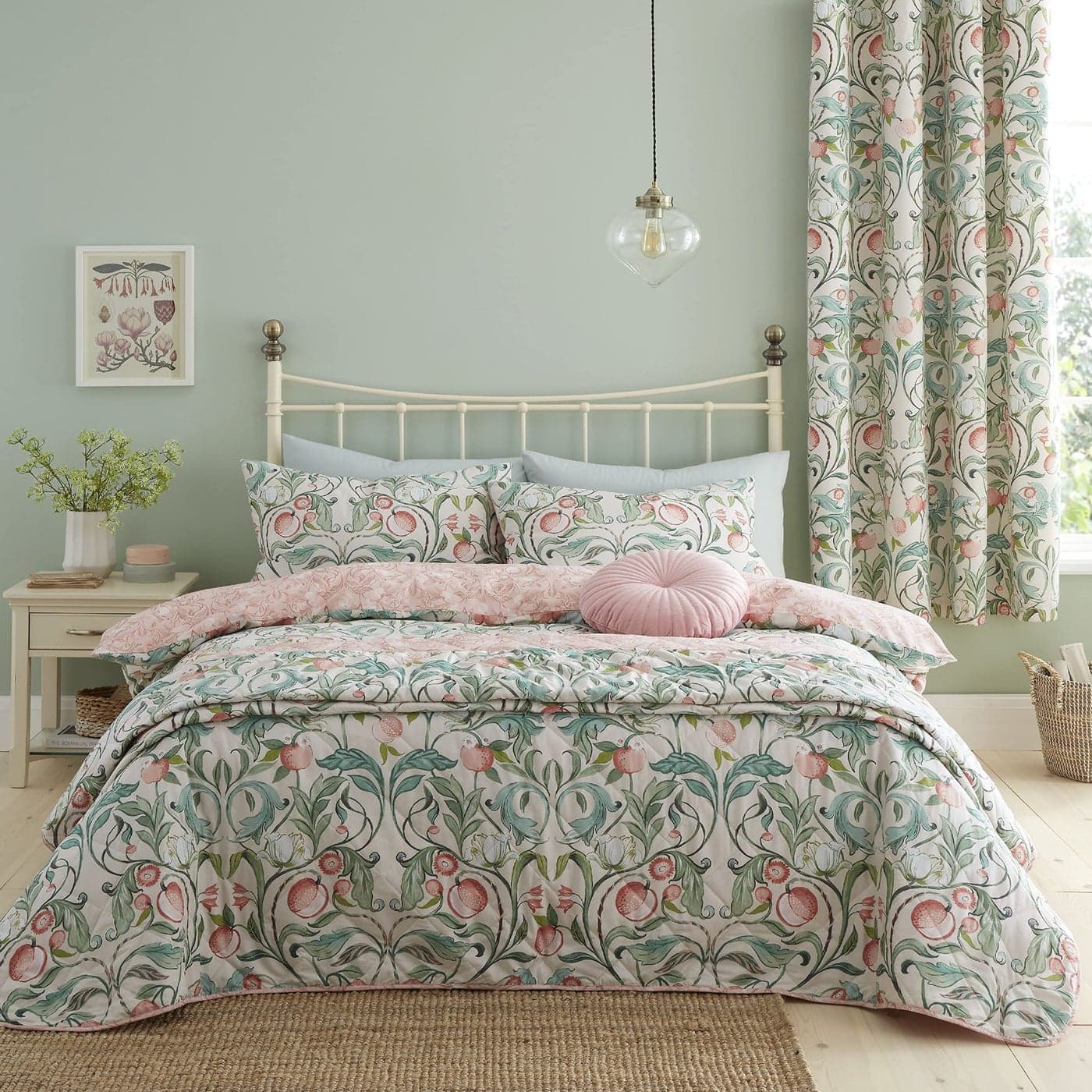 Catherine Lansfield Bedding Clarence Floral Single Duvet Cover Set with Pillowcase NaturalGreen