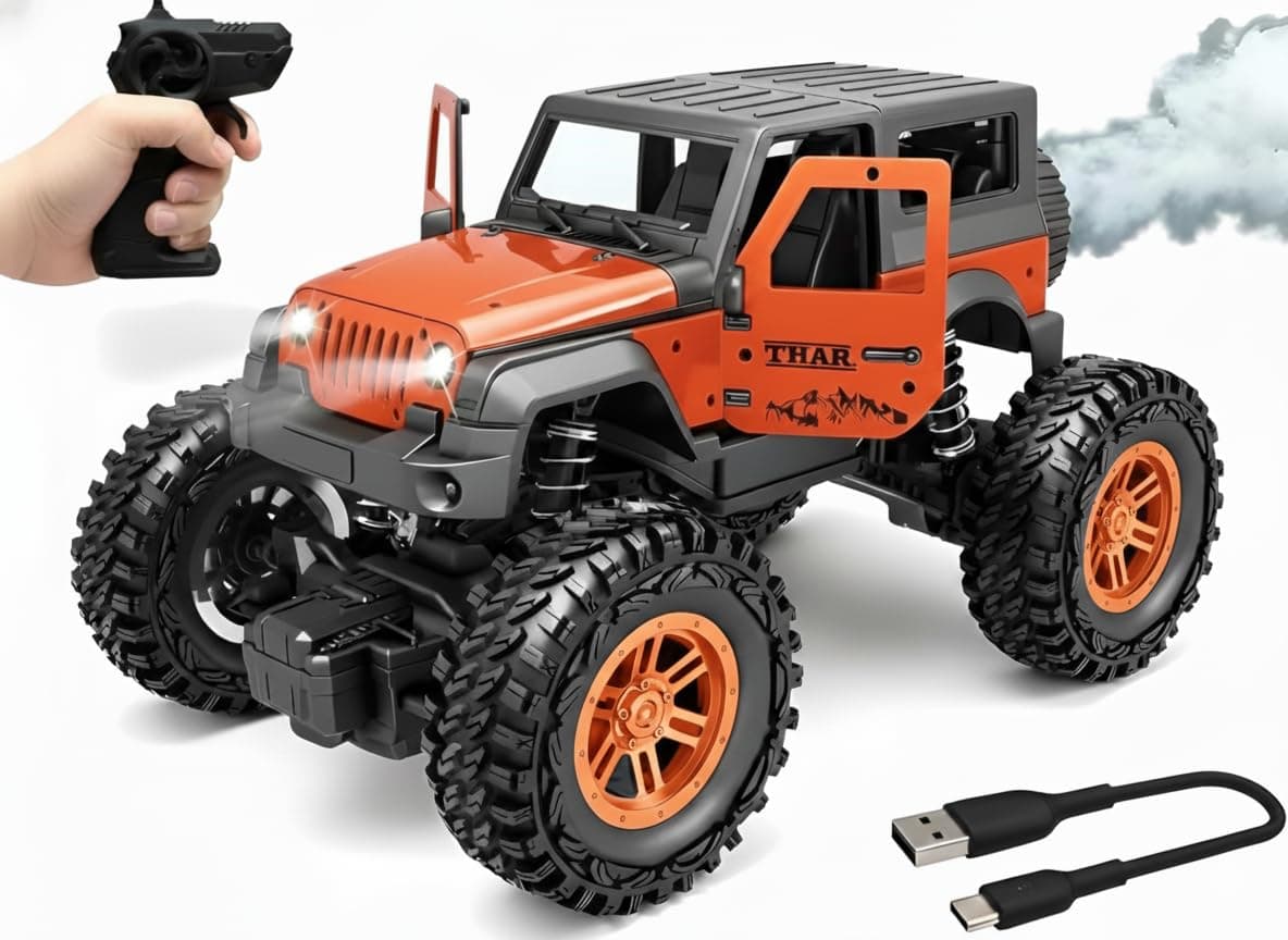 TEC TAVAKKAL 75 Feet+ Range Remote Control Off Road Rock Climbing Car for Kids, Rechargeable Thar Toy with Mist Spray, Openable Doors, Front LED, Shock Absorbers, 2WD, USB-C Port (Orange)
