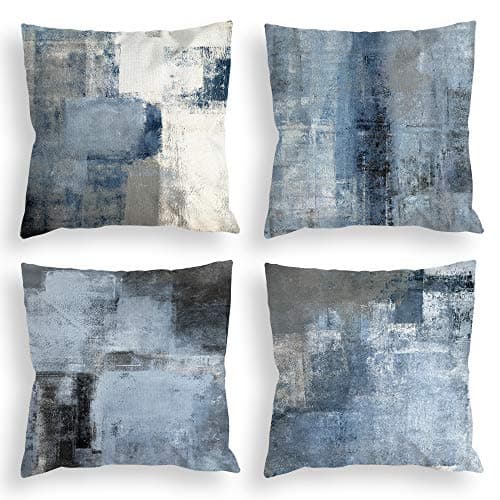 COLORPAPA Blue Throw Pillow Covers 18x18 Set of 4 Decorative Cushion Cover Grey Abstract Art Painting Pillowcase for Sofa Bedroom Living Room Décor