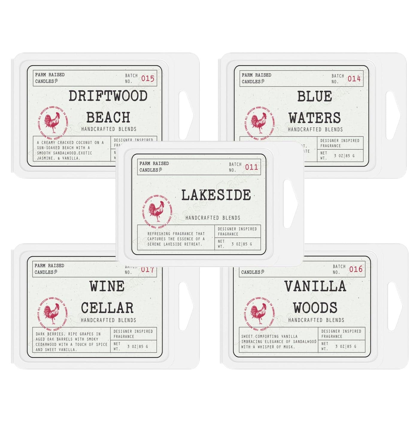 Farm Raised Candles USA Made Hand Crafted Summer Soy Wax Melts 16 Ounce 5Pack Variety Melt Lakeside Driftwood Blue Waters Wine Cellar Vanilla Woods Clean Burn PetSafe PhthalateFree