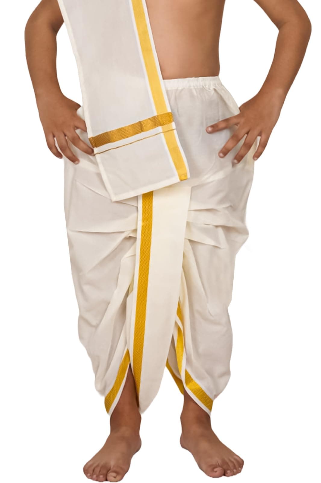 AMIRTHA FASHION NITHILA CREATIONS Kerala Cotton Kasavu Mundu Dhoti for Boys, Offwhite with Golden Border, Traditional Mundu Pancha (Offwhite) (3-4 Years)