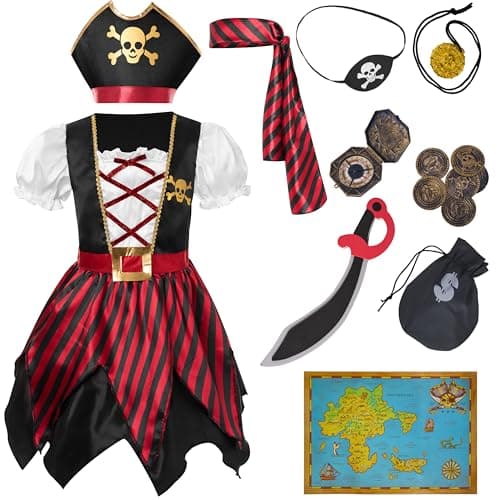 Spooktacular Creations Halloween Kids Pirate Costume, Black Pirate Dress for Girls, Buccaneer Princess Outfit for Girls Halloween Dress Up, RolePlay Themed Party (Medium, 8-10 yrs)
